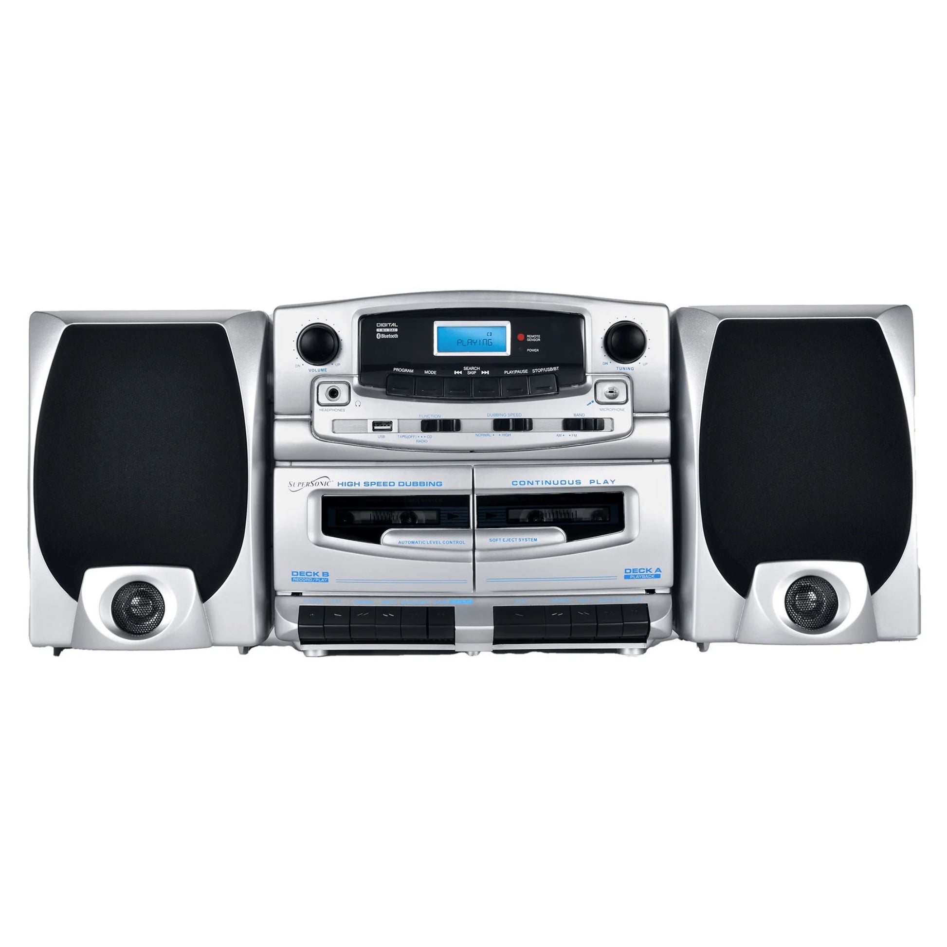 Supersonic Bluetooth Audio System with Double Cassette Recorder & Built-In Mic (SC-2121BT)
