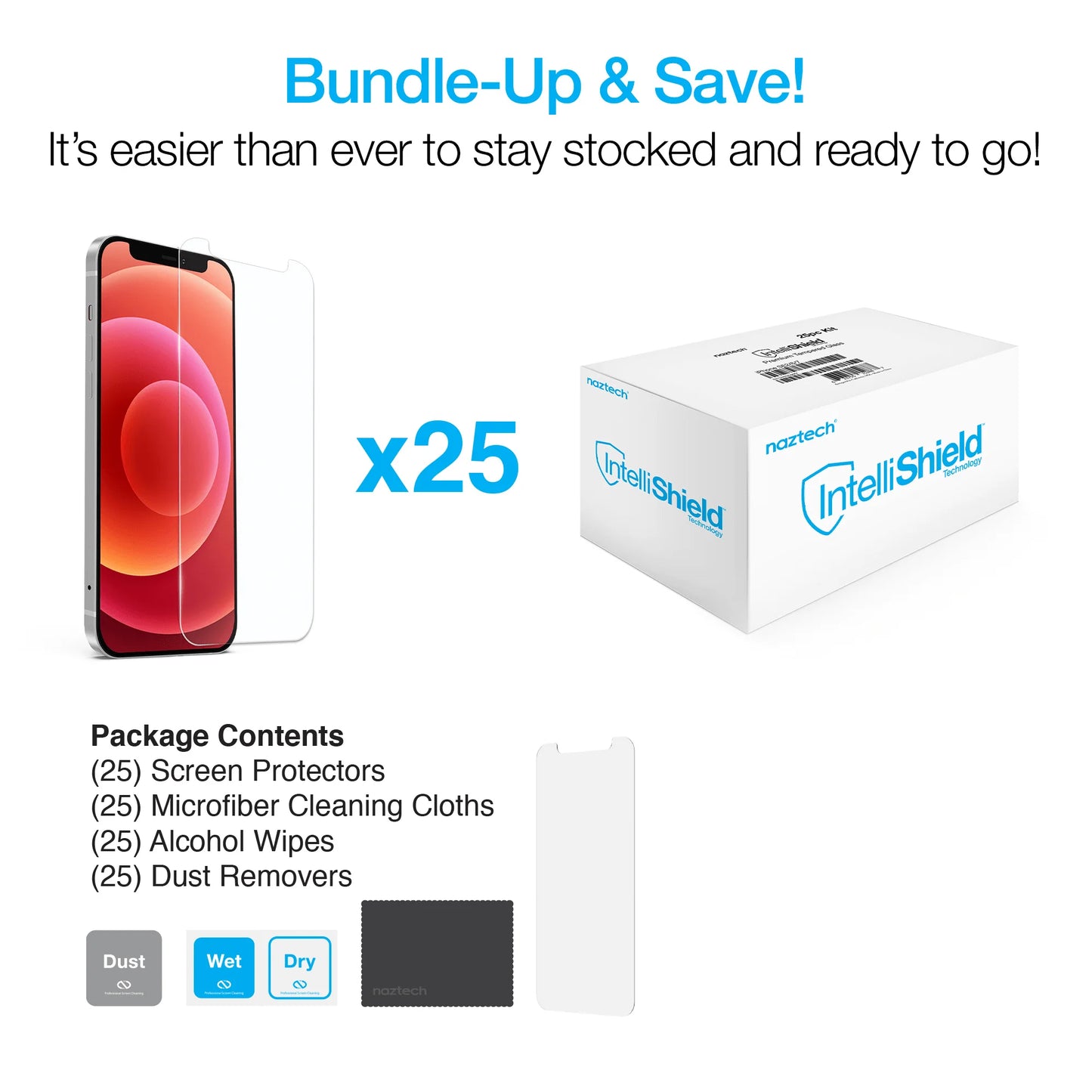 Naztech Intellishield HD Tempered Glass 25Pc Set for the Iphone 12 Mini