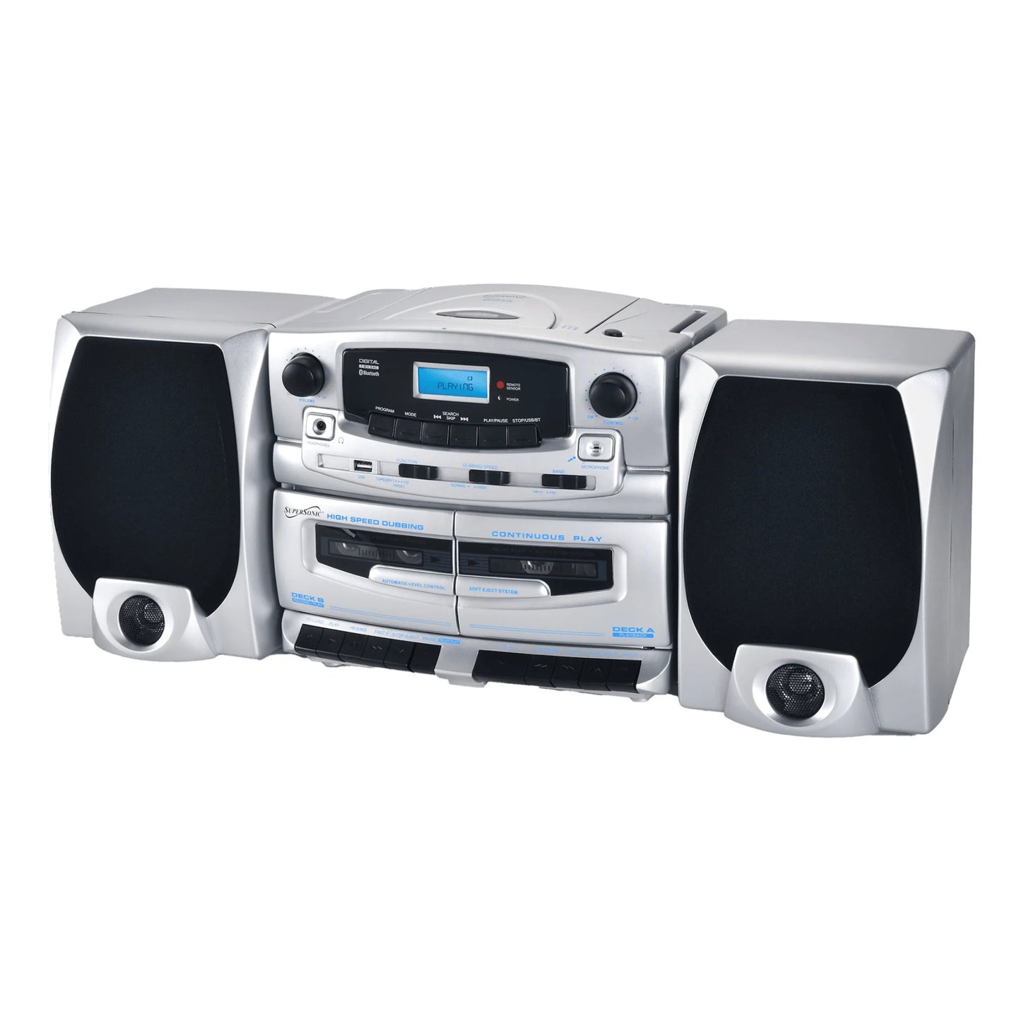 Supersonic Bluetooth Audio System with Double Cassette Recorder & Built-In Mic (SC-2121BT)