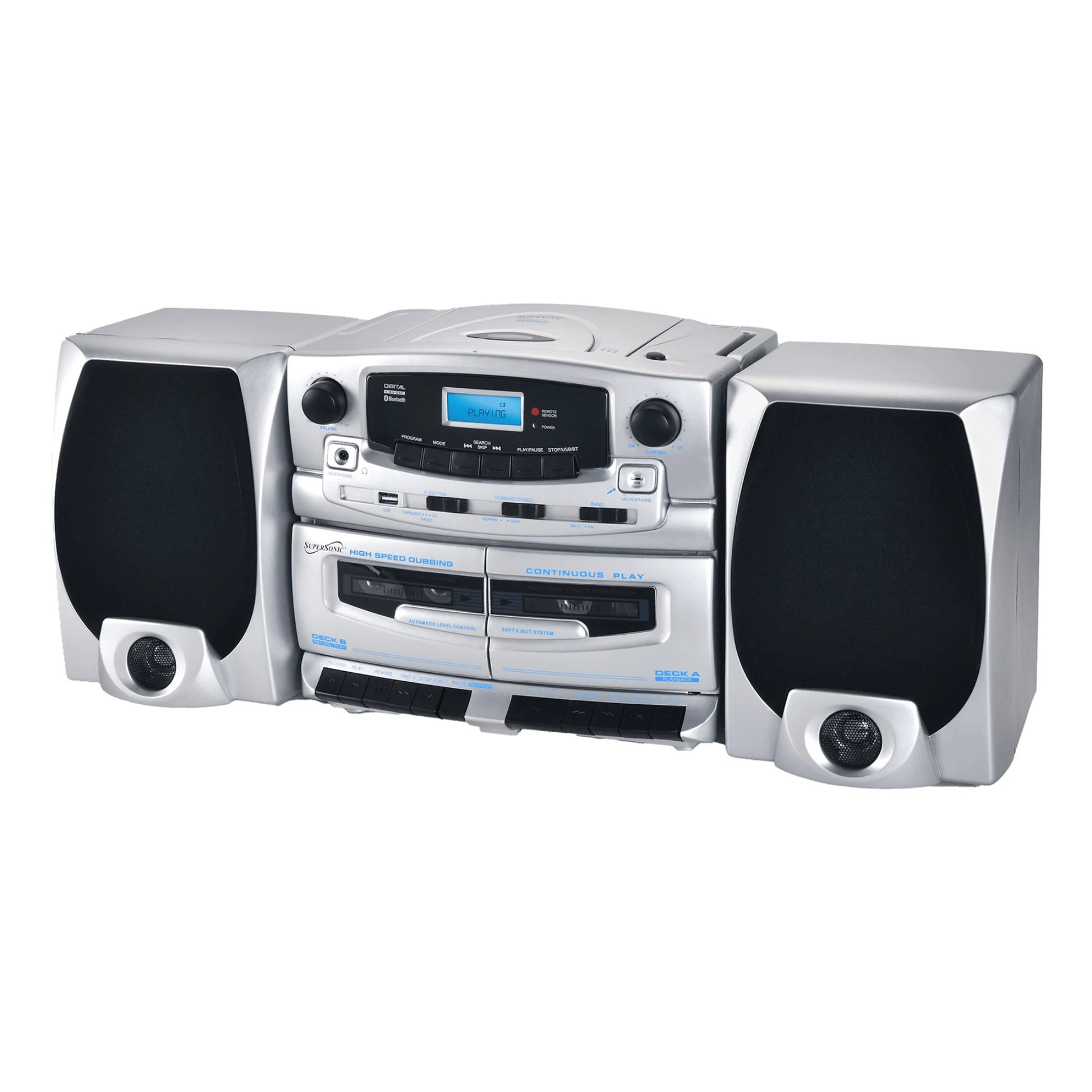 Supersonic Bluetooth Audio System with Double Cassette Recorder & Built-In Mic (SC-2121BT)