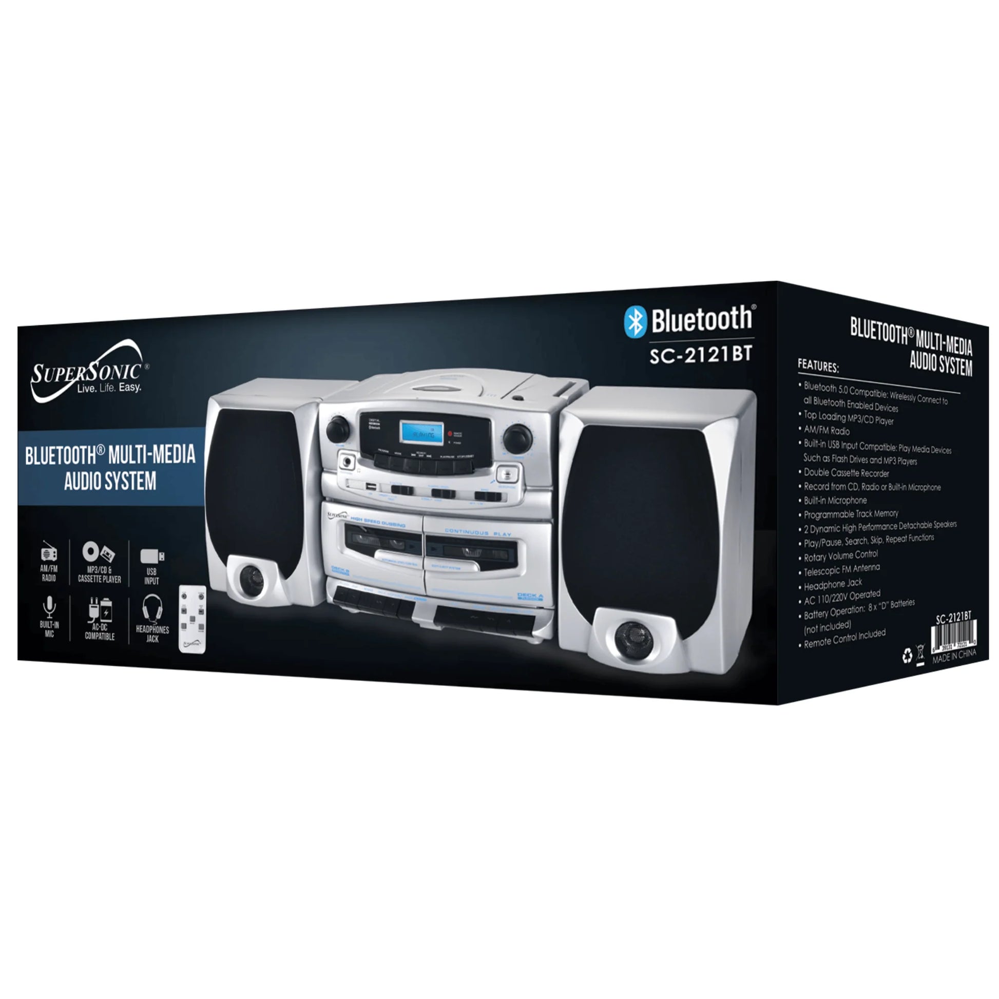 Supersonic Bluetooth Audio System with Double Cassette Recorder & Built-In Mic (SC-2121BT)