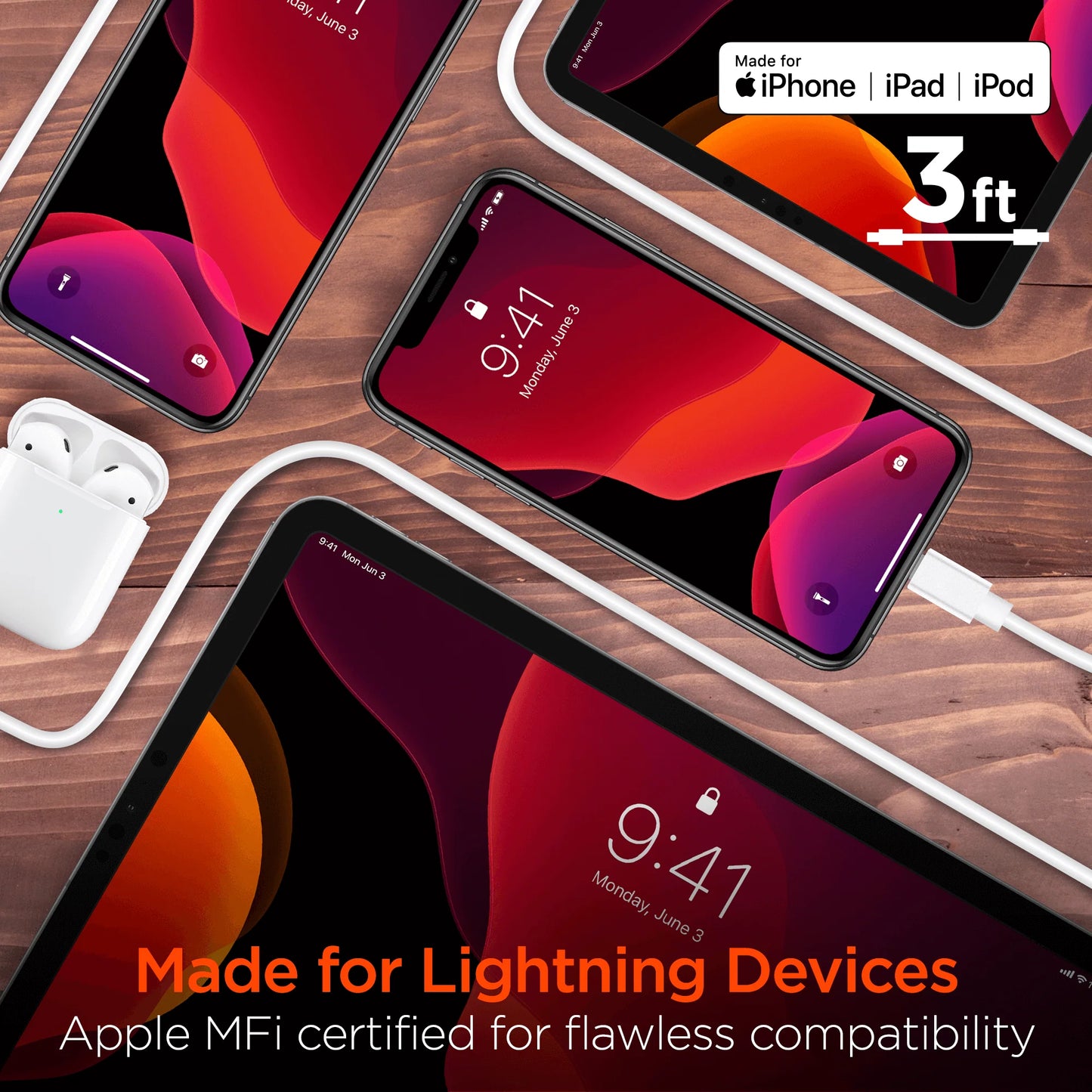 Hypergear USB to Mfi Lightning Rounded Cable 3Ft Bulk 200Pc Pack